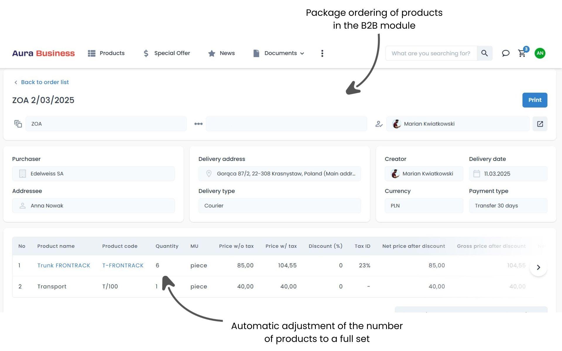 Ordering in batches in the B2B system