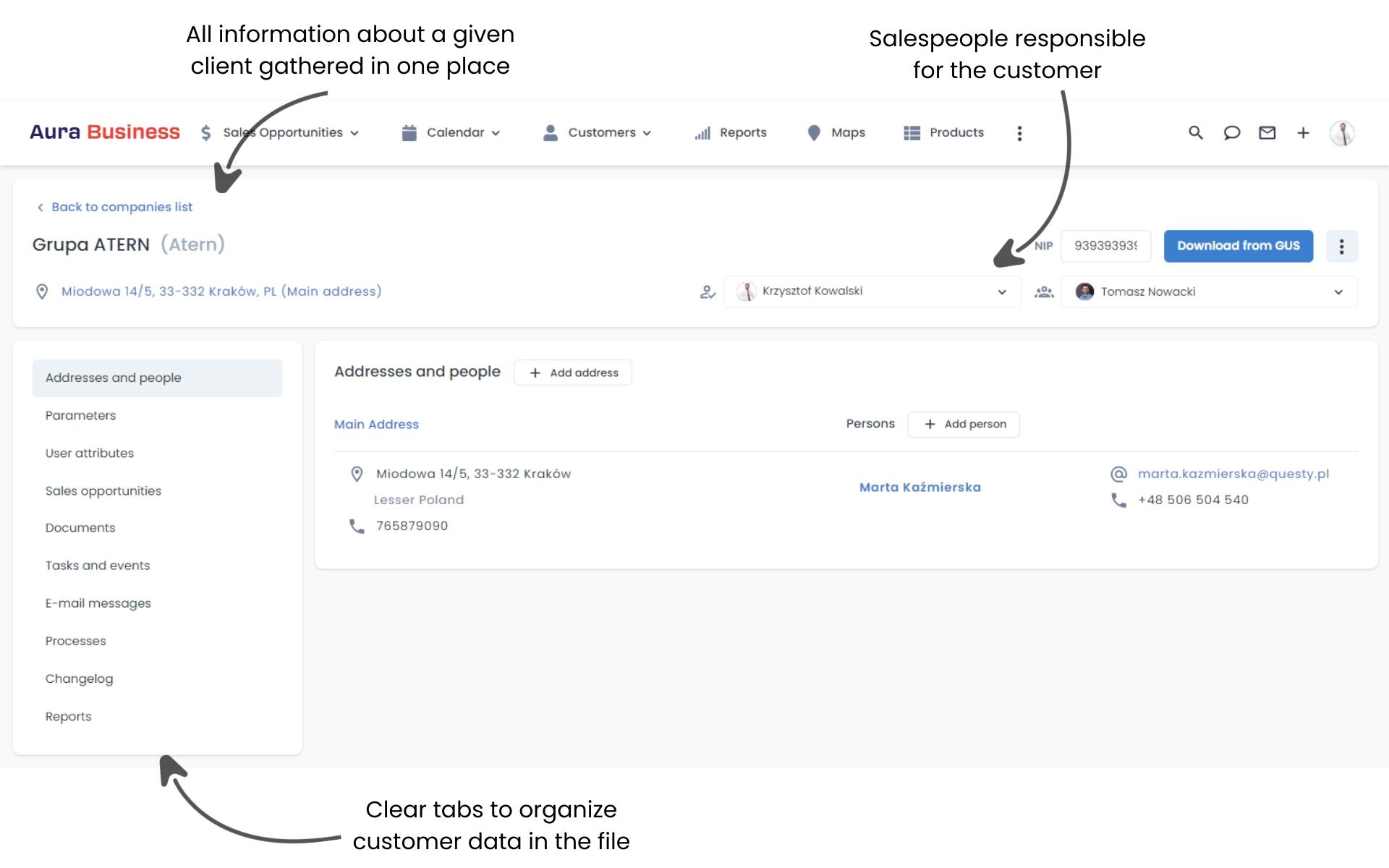 Knowledge base about customers - addresses and contacts.