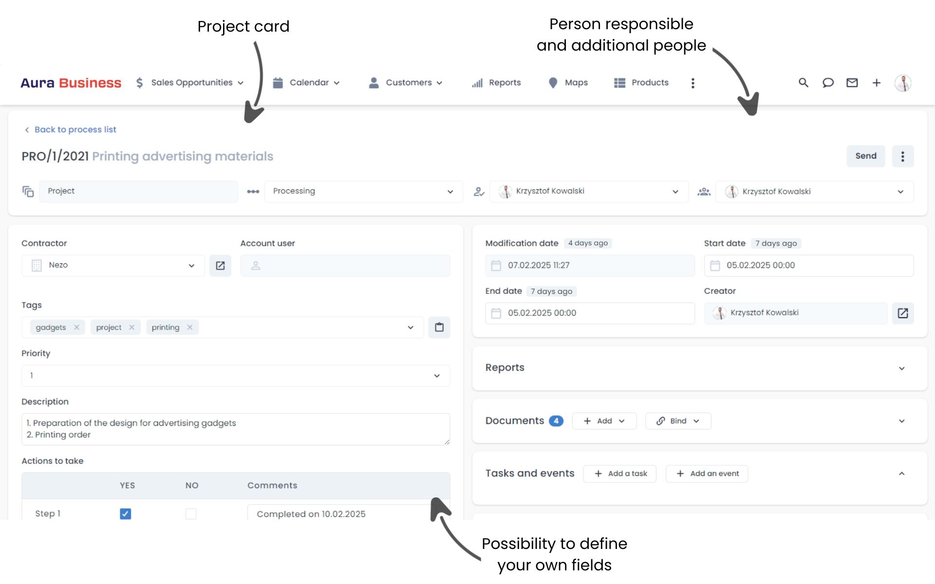 Project card in the business system