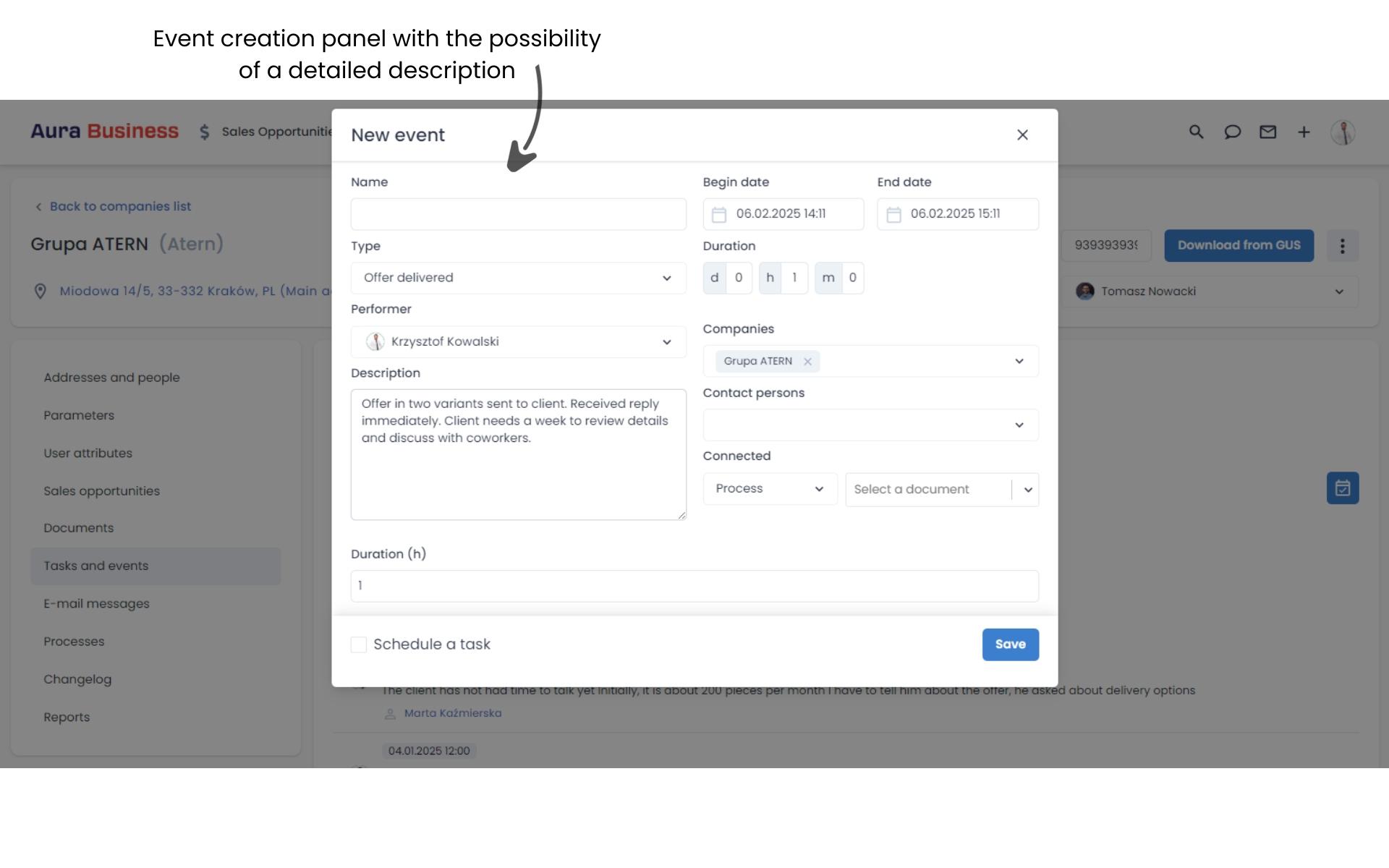 Sales team work planning through event creation modal