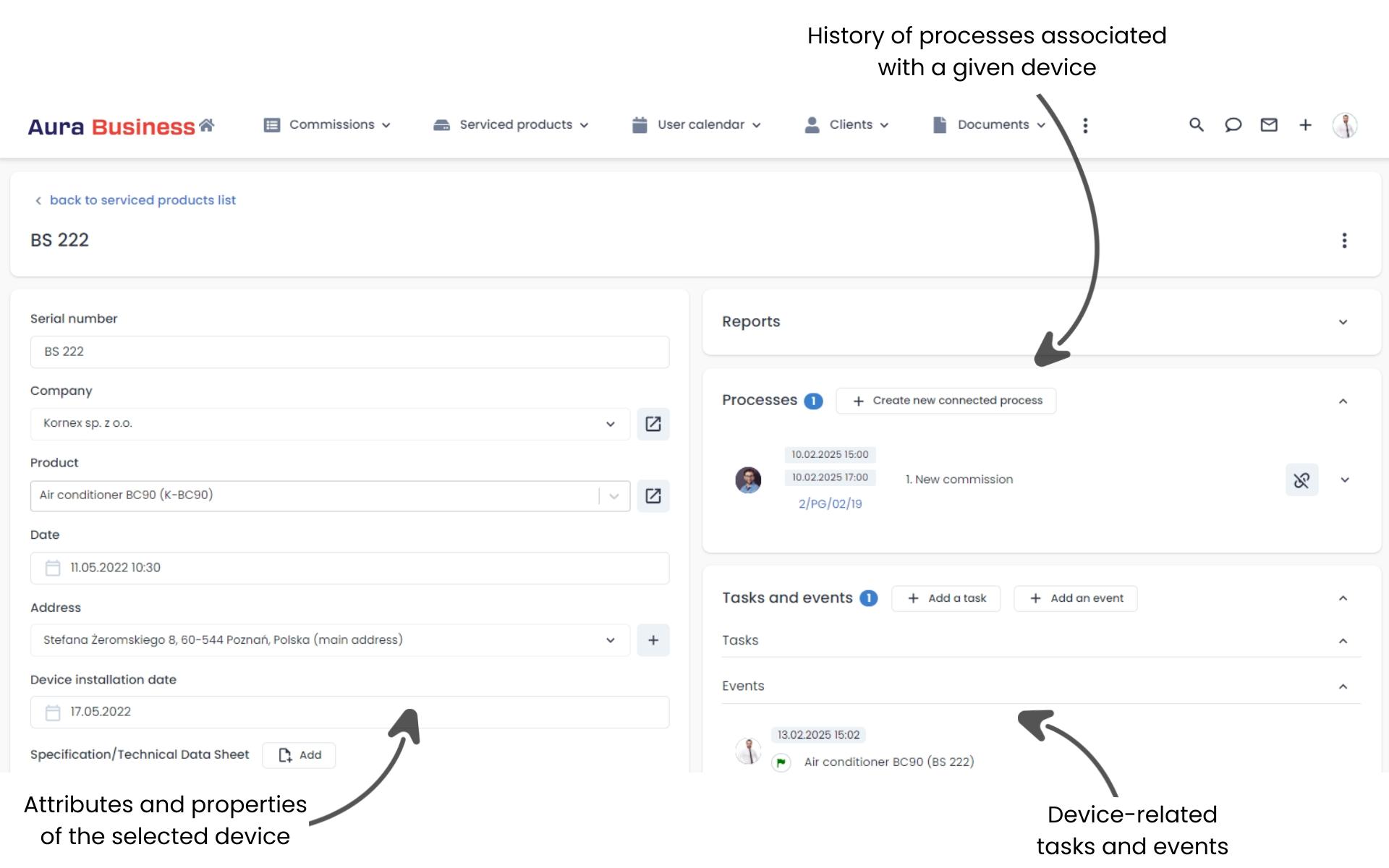 Service product card in the order management software