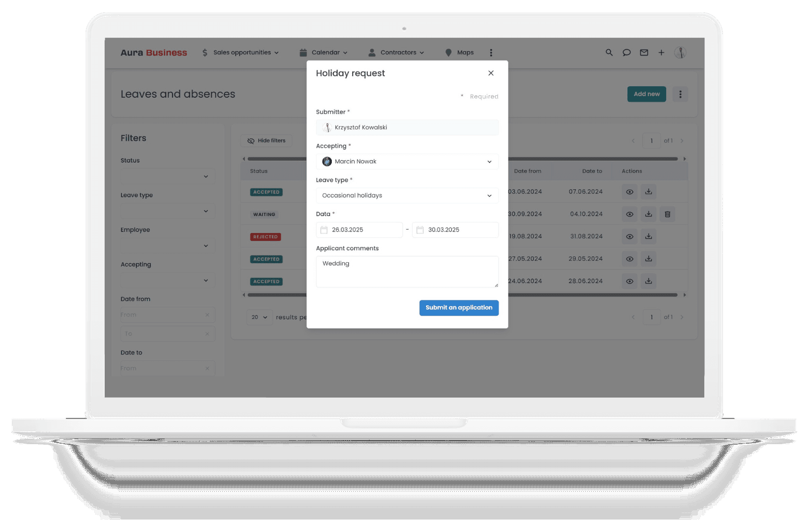 Vacation management in a business system.