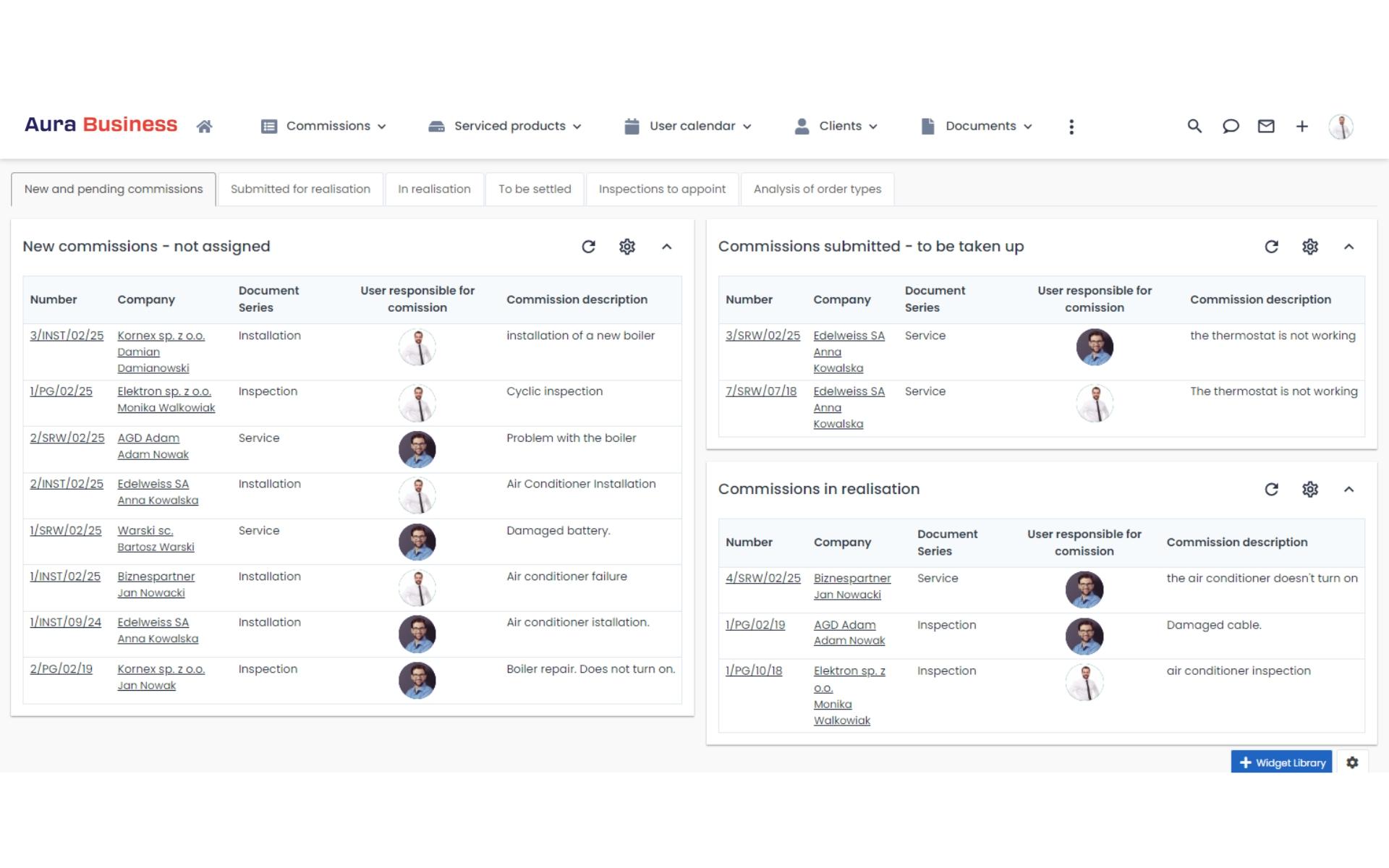 Order display on the work dashboard