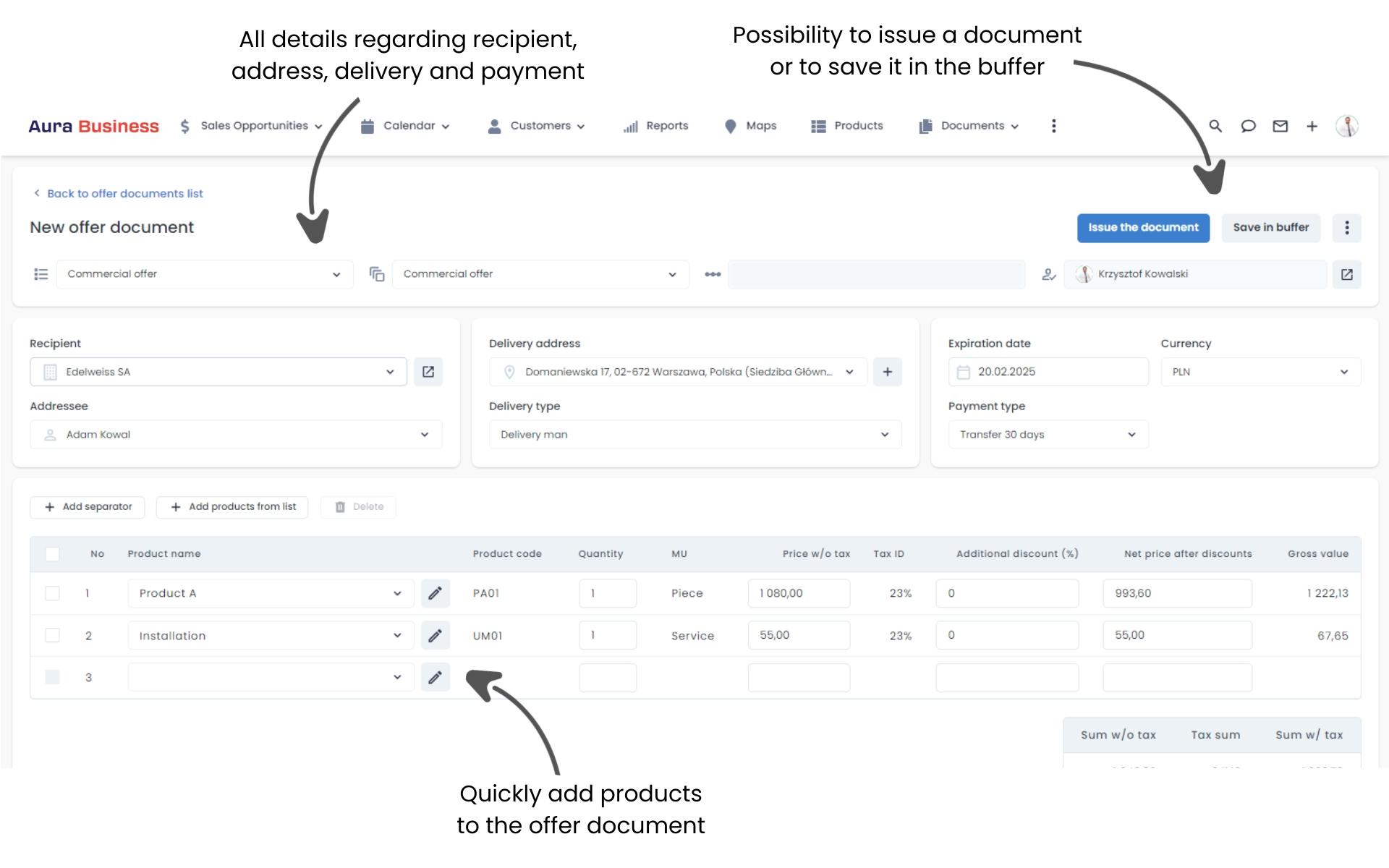 Creating an offer document in the CRM system