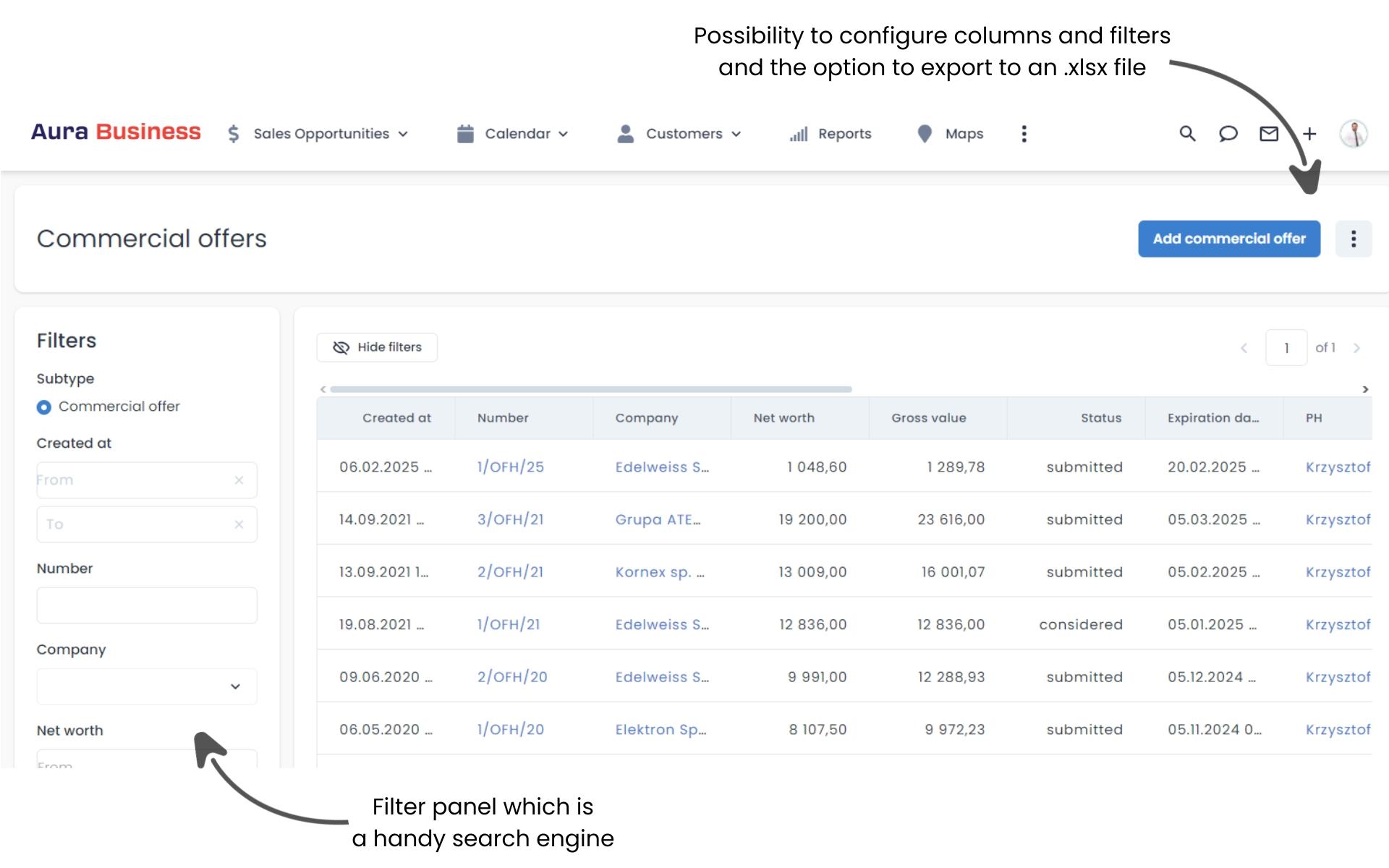 Offer list view in the CRM system