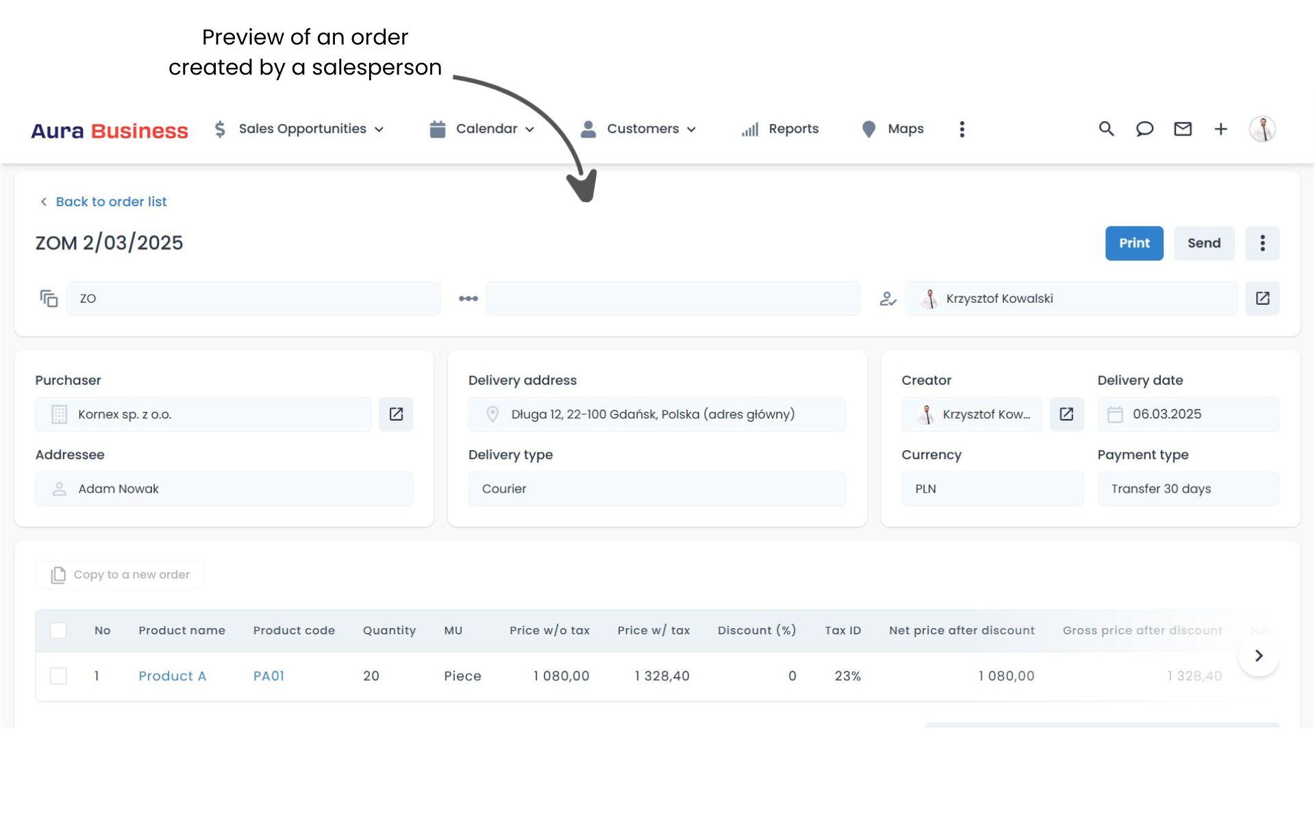 Placing orders in the CRM system