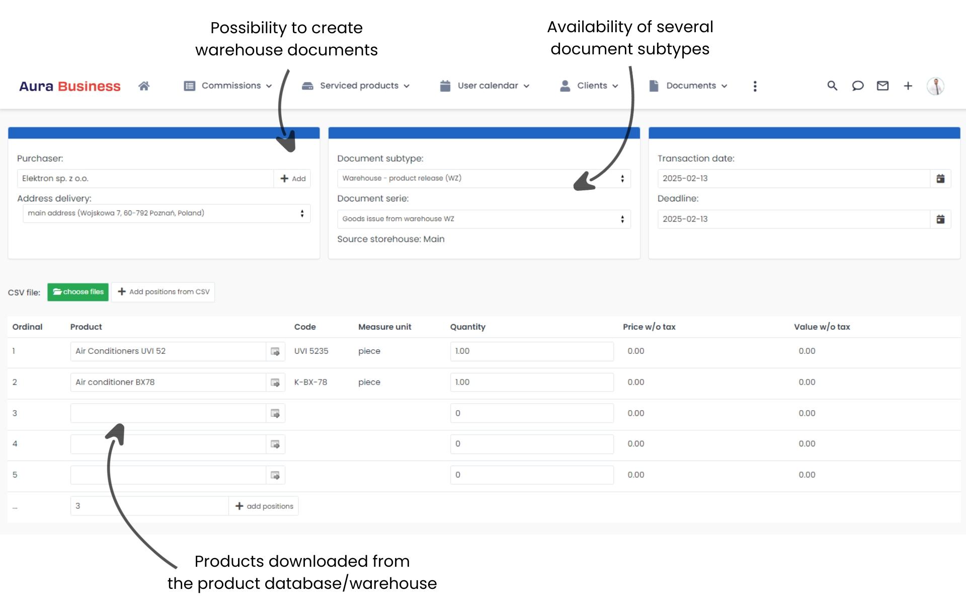 Creating warehouse documents in the service management software