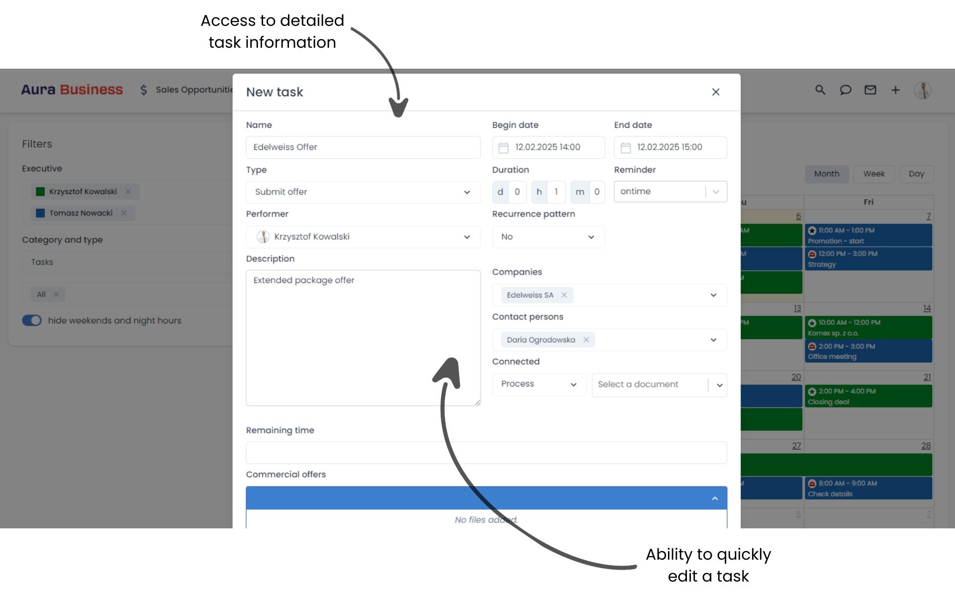 Sales team work planning through task creation modal
