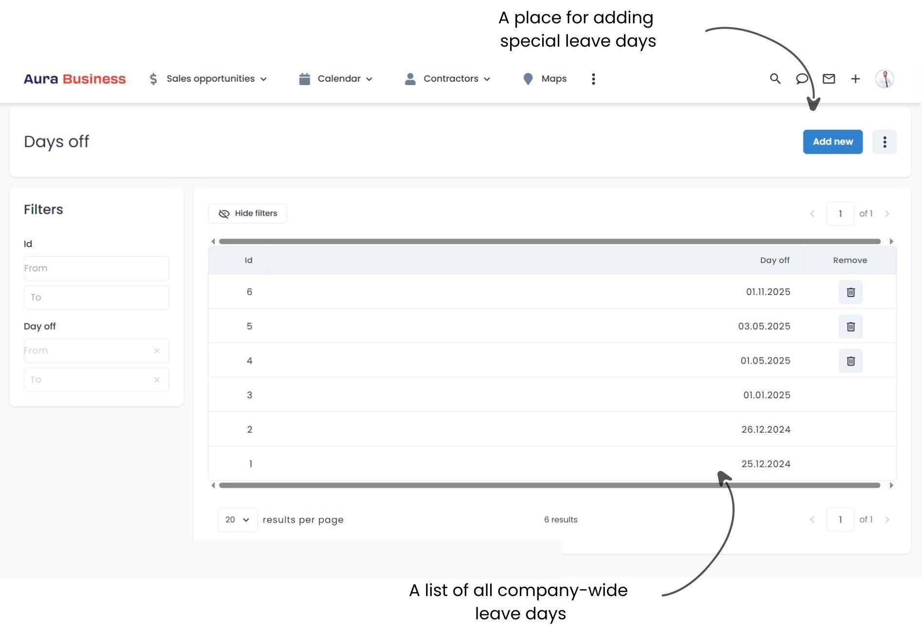 Company-wide vacation list in IT system.