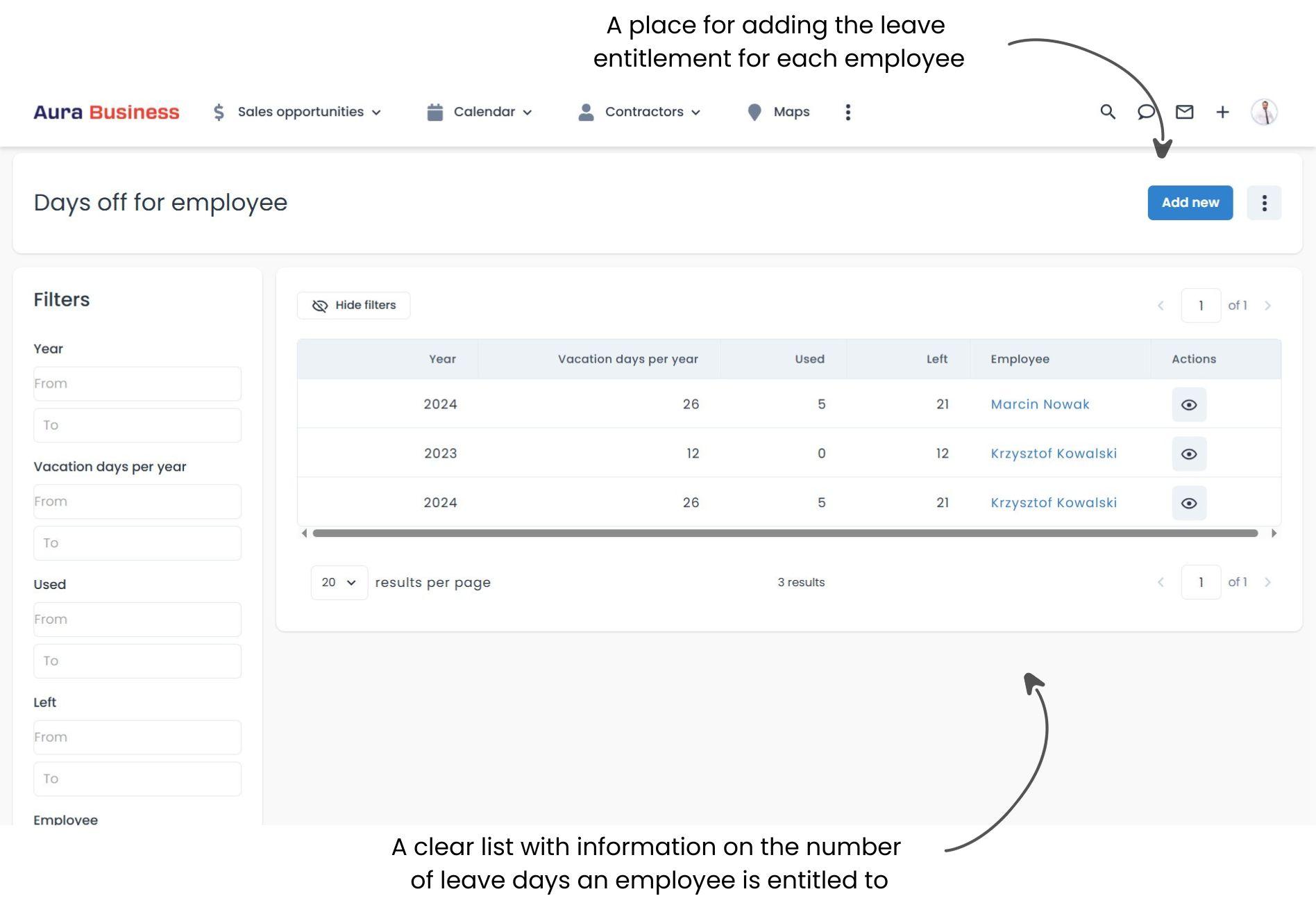 List of employees' vacation entitlements.