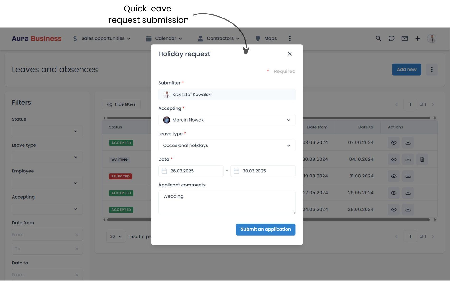 Adding new vacation in IT system.